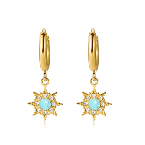White Leaf Star Huggie Earrings - Turquoise