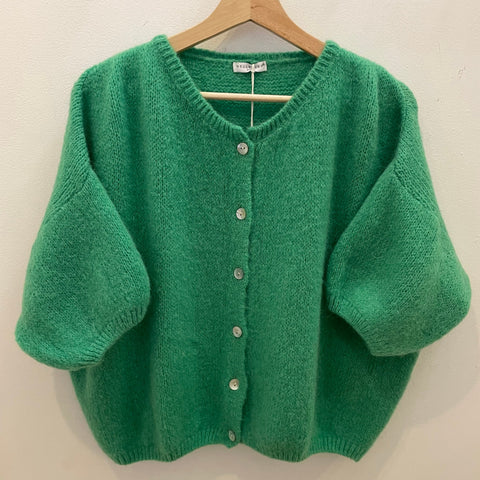 Cropped Sleeve Mohair Cardigan - Apple Green