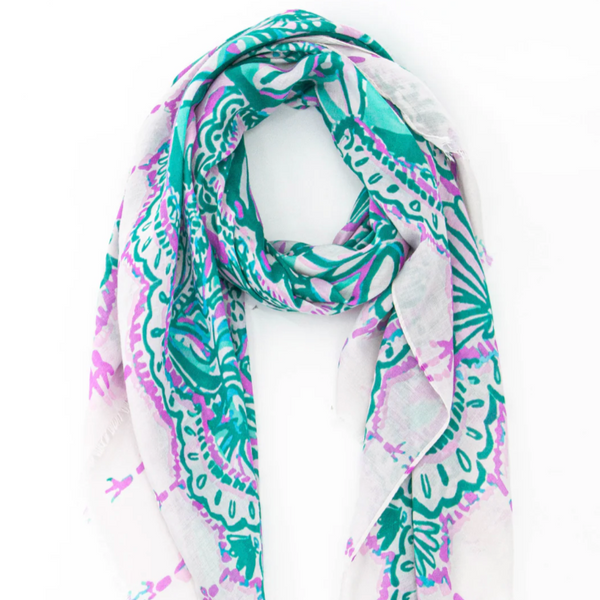 Ornate Under the Sea Shell and Fish Print Scarf in Green & Lilac