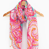 Ornate Under the Sea Shell and Fish Print Scarf in Pink & Orange