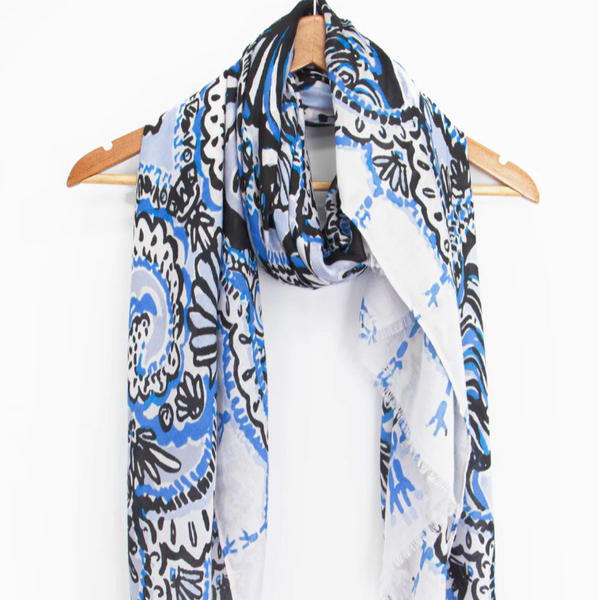 Ornate Under the Sea Shell and Fish Print Scarf in Black & Light Blue
