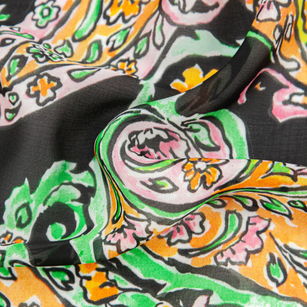 Silk Textured Paisley Print Scarf with Colourblock Border in Black