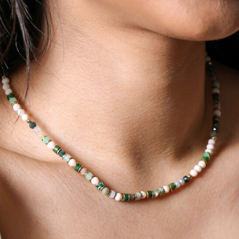 Gold Stainless Steel Green Semi-Precious Stone Beaded Necklace