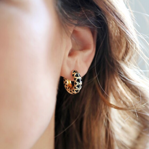 Black Geometric Enamel Hoop Earrings in Gold - Lisa Angel