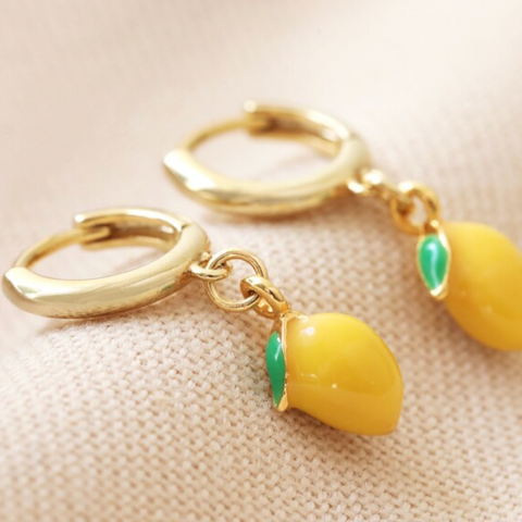 Enamel Lemon Huggie Hoop Earrings in Gold - Lisa Angel