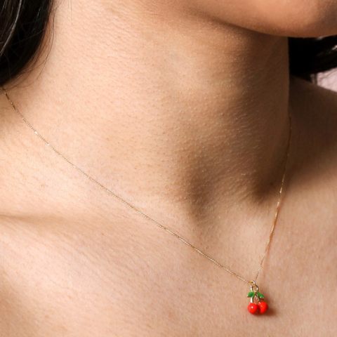Lisa Angel Red Cherry Enamel Pendant Necklace in Gold