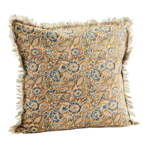 Madam Stoltz Printed Cotton Cushion with Fringes
