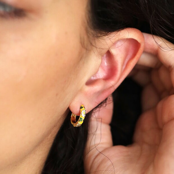Lisa Angel Mustard Cloisonné Huggie Hoop Earrings - Gold