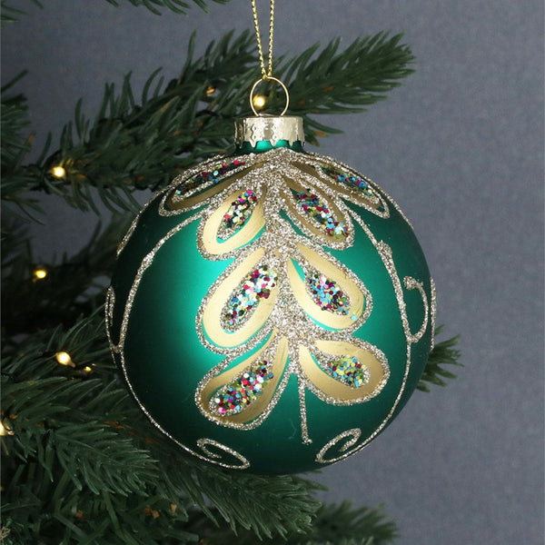 Green Bauble with Gold Peacock Leaves