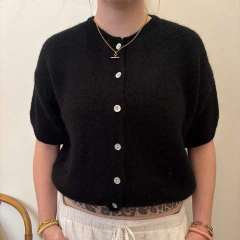 Cropped Sleeve Mohair Cardigan - Black