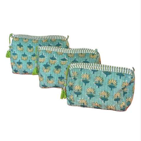 Quilted Wash Bags - Green and Turquoise Lotus