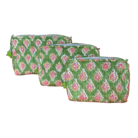 Quilted Wash Bags - Green and Pink Floral