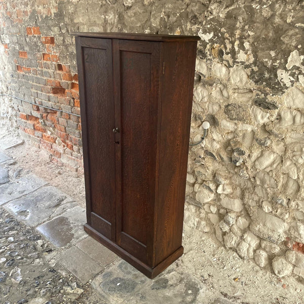 Antique Oak Tall Narrow Cupboard With Stencilled Numbers