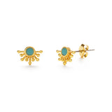 Gold earrings with turquoise stones on a white background