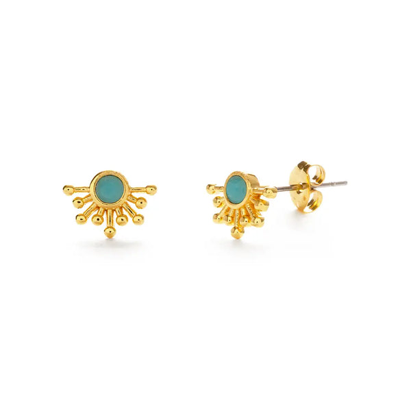 Gold earrings with turquoise stones on a white background