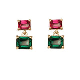 Twin Gem Drop Earring - Emerald & Ruby Pink