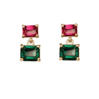 Twin Gem Drop Earring - Emerald & Ruby Pink