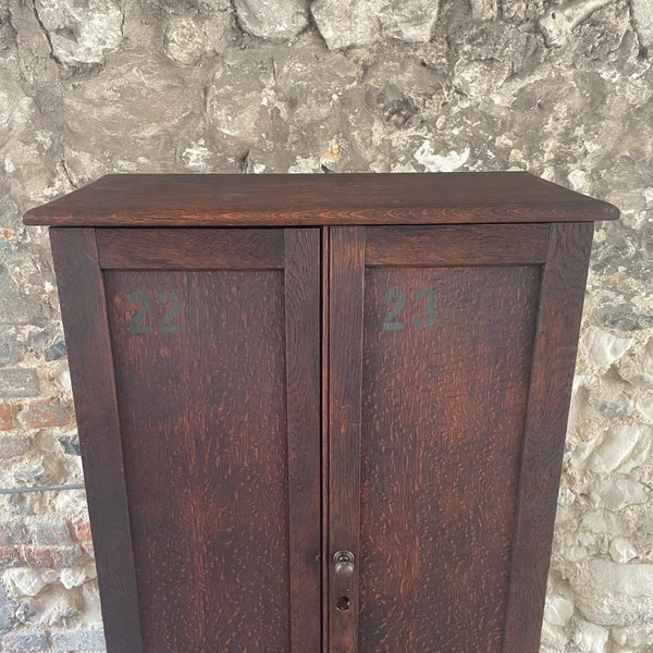 Antique Oak Tall Narrow Cupboard With Stencilled Numbers