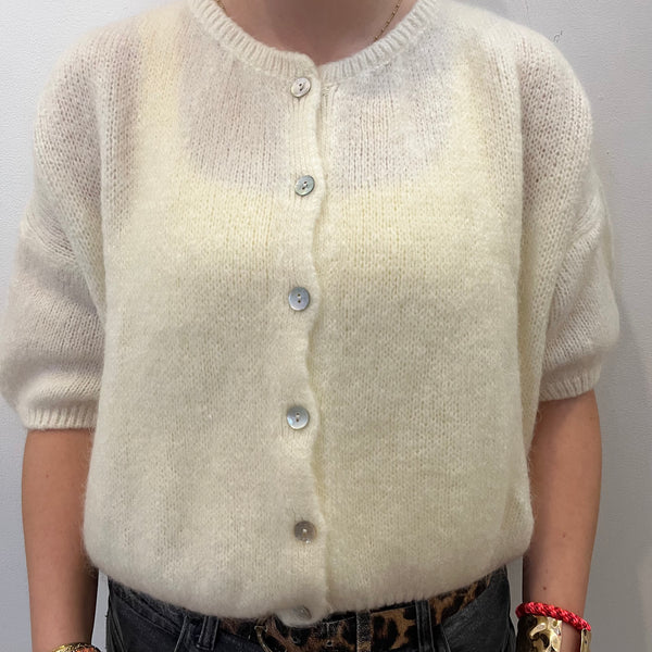Cropped Sleeve Mohair Cardigan - Cream