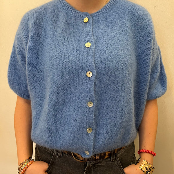 Cropped Sleeve Mohair Sleeve Cardigan Cornflower Blue