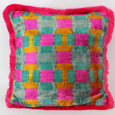 Uzebki Handwoven Silk Velvet Square Cushion - Chequers Pink