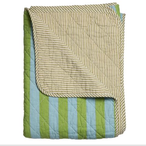 A folded quilted blanket or throw with a striped pattern, shown on a plain white background. The top side has narrow beige and brown stripes, and the underside shows alternating light blue and olive green vertical stripes.