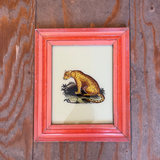 A framed vintage illustration of a leopard or cheetah sitting on a log, set in a reddish-orange frame against a rustic brown wooden plank background.