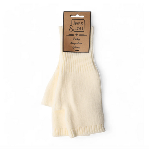 A pair of cream-colored fuzzy knit socks in a folded position, attached to a brown cardboard hanger with a 'Jess & Lou' brand label, set against a plain white background.
