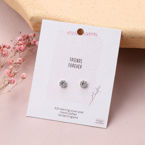 A pair of silver stud earrings displayed on a white card labeled 'FRIENDS FOREVER,' photographed on a soft pink surface with dried pink flowers and a beige textured prop in the background.