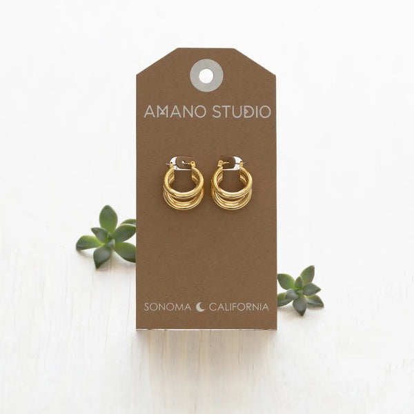 Amano Studio Vintage Style Triple Hoop Earrings - Gold on Card