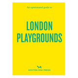 A book cover for 'London Playgrounds' by Hoxton Mini Press, featuring a bright yellow background with bold teal text, shown within an Amazon product page interface.
