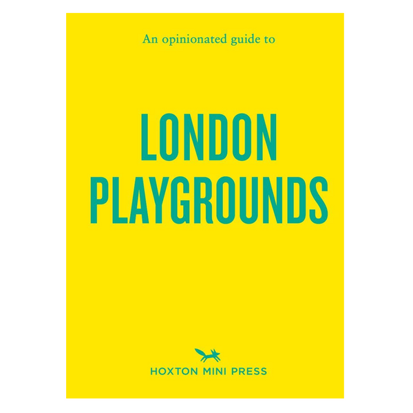 A book cover for 'London Playgrounds' by Hoxton Mini Press, featuring a bright yellow background with bold teal text, shown within an Amazon product page interface.