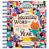 Book cover of 'Little Wordsmith: An Interesting Word for Every Day of the Year' with a colorful geometric pattern and cat illustration.