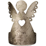 Metal angel-shaped candle holder with a heart cutout on a white background