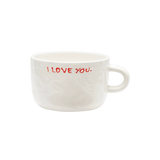 White mug with 'I LOVE YOU' in red text on a white background