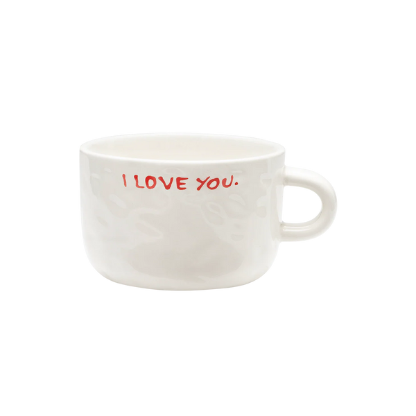 White mug with 'I LOVE YOU' in red text on a white background