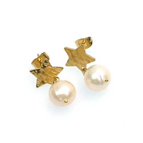 Annabella Moore 18K Gold Plated Stainless Steel Earrings with Freshwater Pearls and Stars
