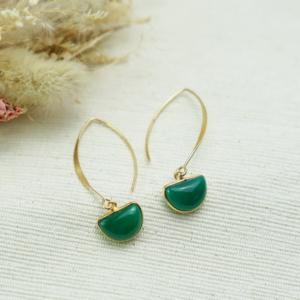 Annabella Moore Handcrafted Gemstone 18K gold plated earrings with Green Onyx 