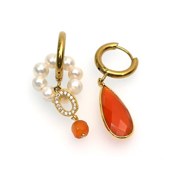 Annabella Moore Handcrafted Gemstone Earrings 18K gold plated with Carnelian and Pearls 