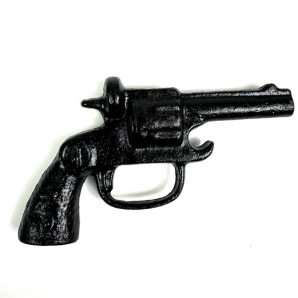 Black revolver on a white background