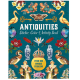 Front cover of the book 'Antiquities Sticker, Color & Activity Book' featuring a vintage-style illustrated design with birds, flowers, vases, a crown, and text on a teal background.