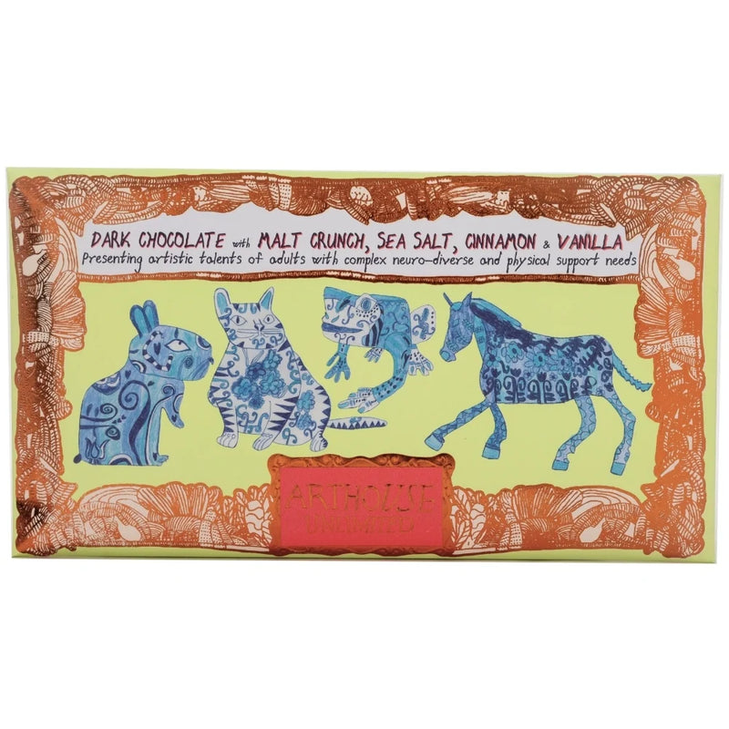 Chocolate bar packaging with artistic animal illustrations on a white background