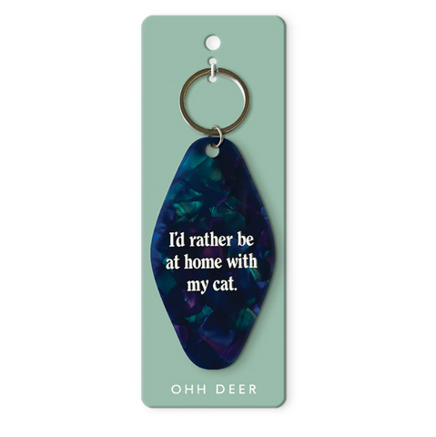Keychain with 'I'd rather be at home with my cat' text on a green card, brand 'Ooh Deer' visible