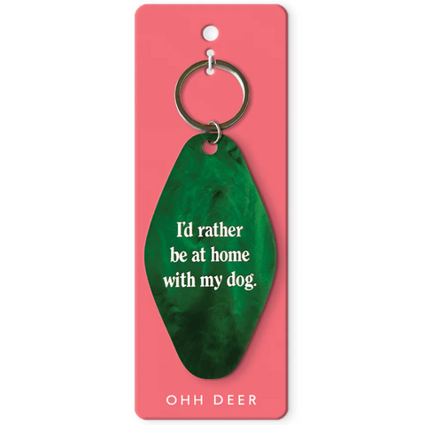 Green keychain with text on a pink card, brand 'OHH DEER' visible