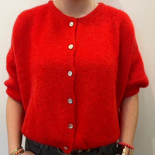 Cropped Sleeve Mohair Cardigan - Red