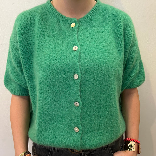 Cropped Sleeve Mohair Cardigan - Apple Green