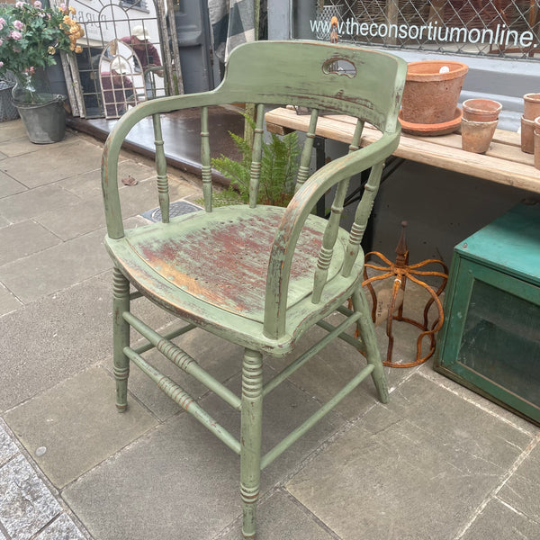 Antique oak carver chair in sage green paint right side