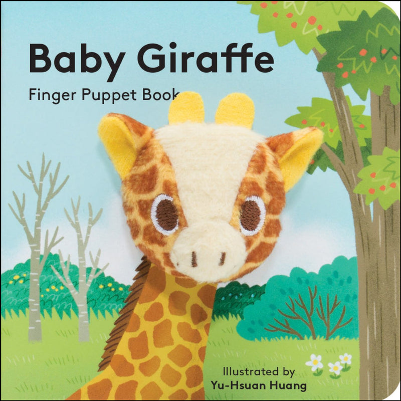 Book cover of 'Baby Giraffe' finger puppet book with a giraffe illustration and forest background.