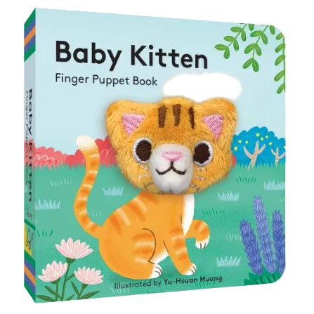 Baby Kitten finger puppet book with a cat illustration on a colorful background