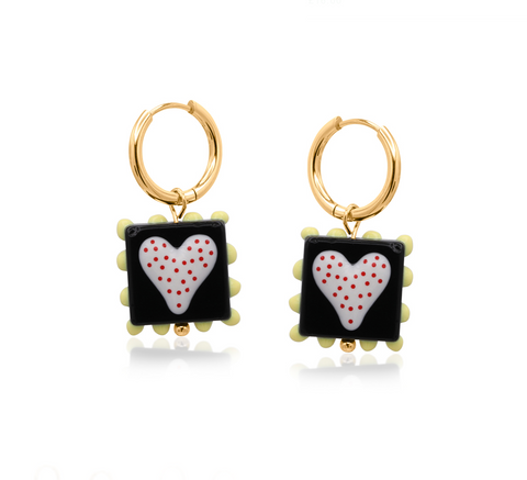 Big Metal Santa Fe Heart Square Charm Earrings - BLACK